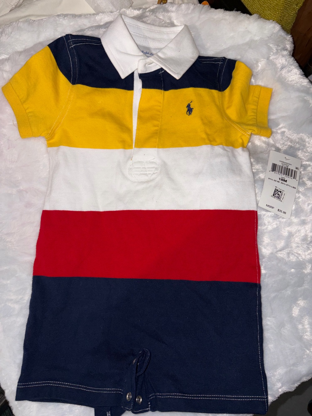 Ralph Lauren Boys Polo Onesie Navy Yellow White Stripes